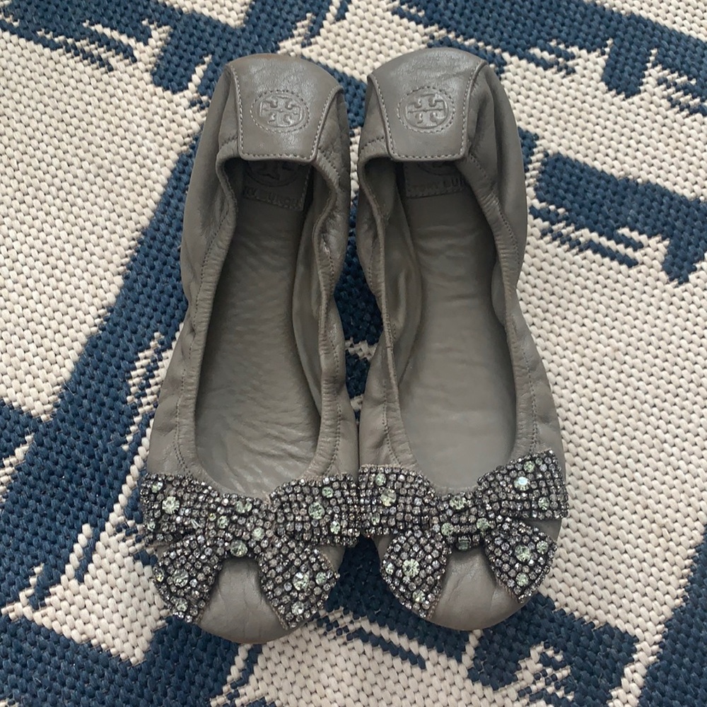 Gray Rhinestone bow Tory Burch ballet flats